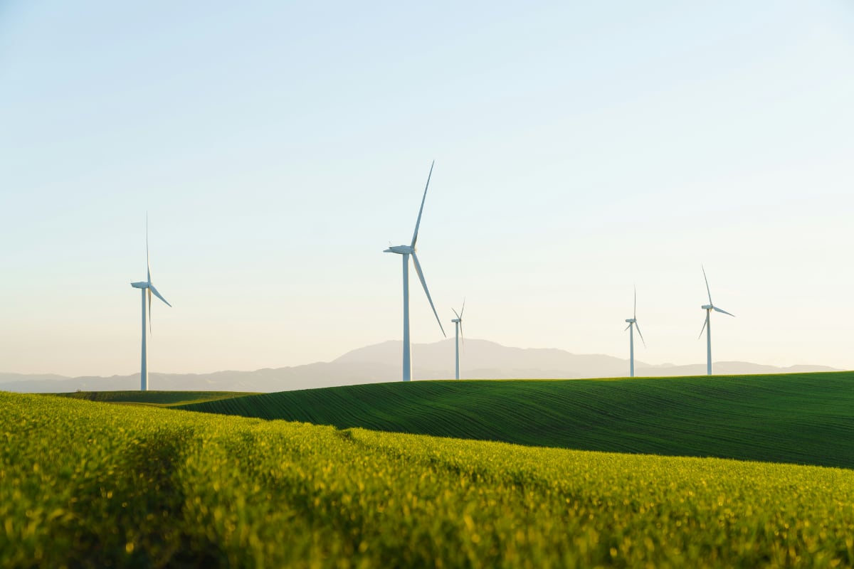 A wind energy farm on green hills with mountains in the distance.